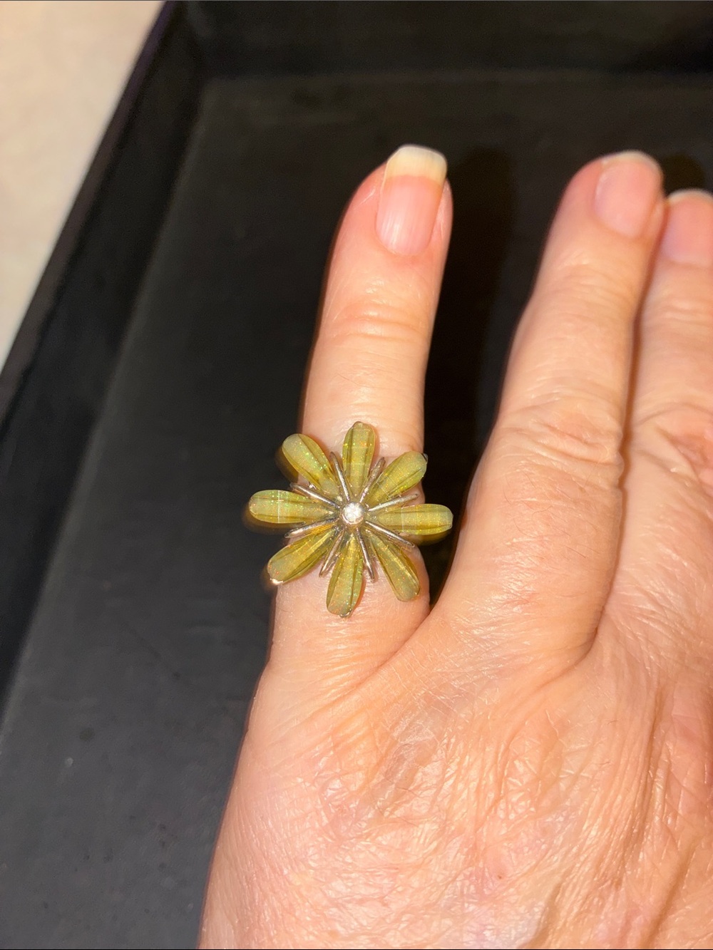 Green Flower Cocktail Ring with Crystal Center